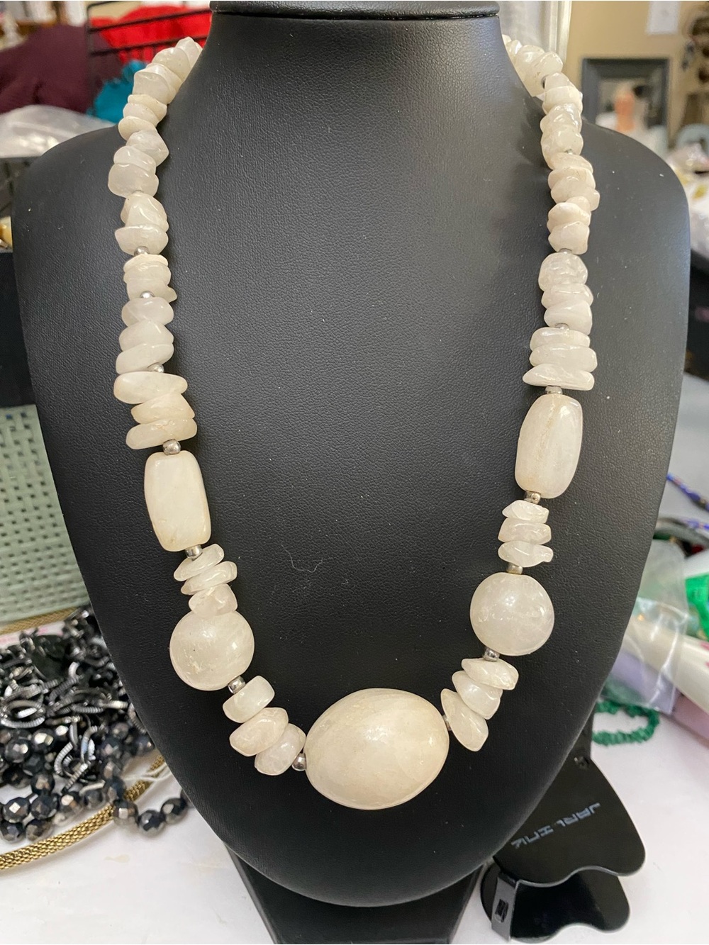 Milky White Quartz Gemstone Statement Necklace 17” Chunky Stone Beads 48g